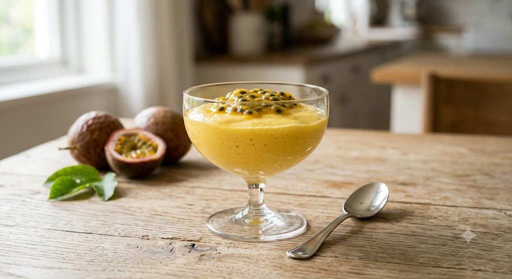 Porção de mousse de maracujá gelado com textura cremosa