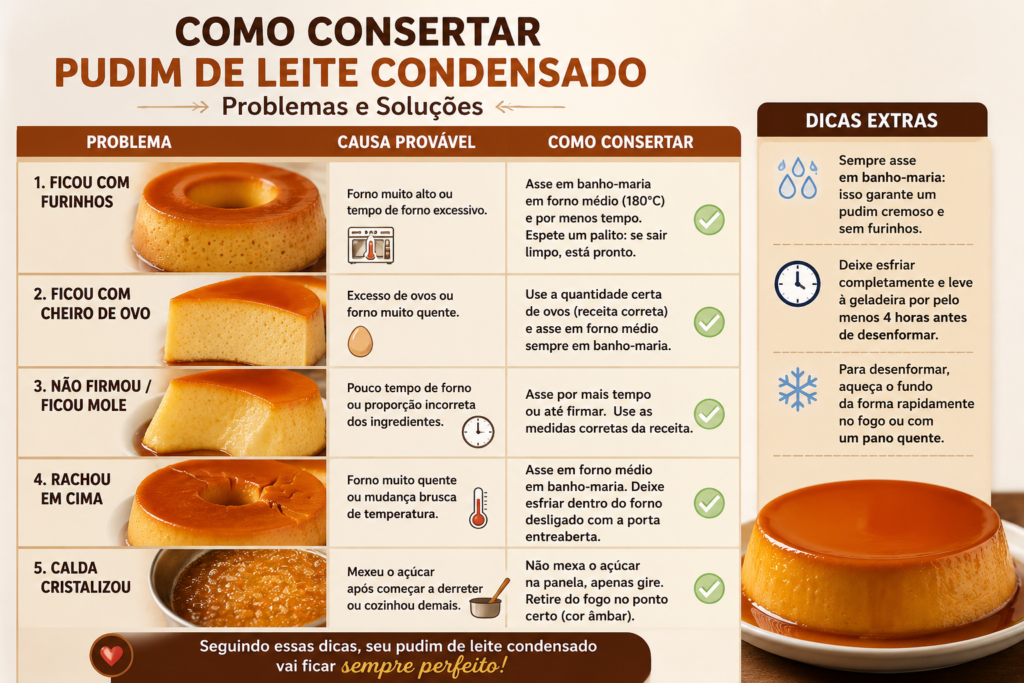 Como consertar pudim de leite condensado com problemas comuns e soluções