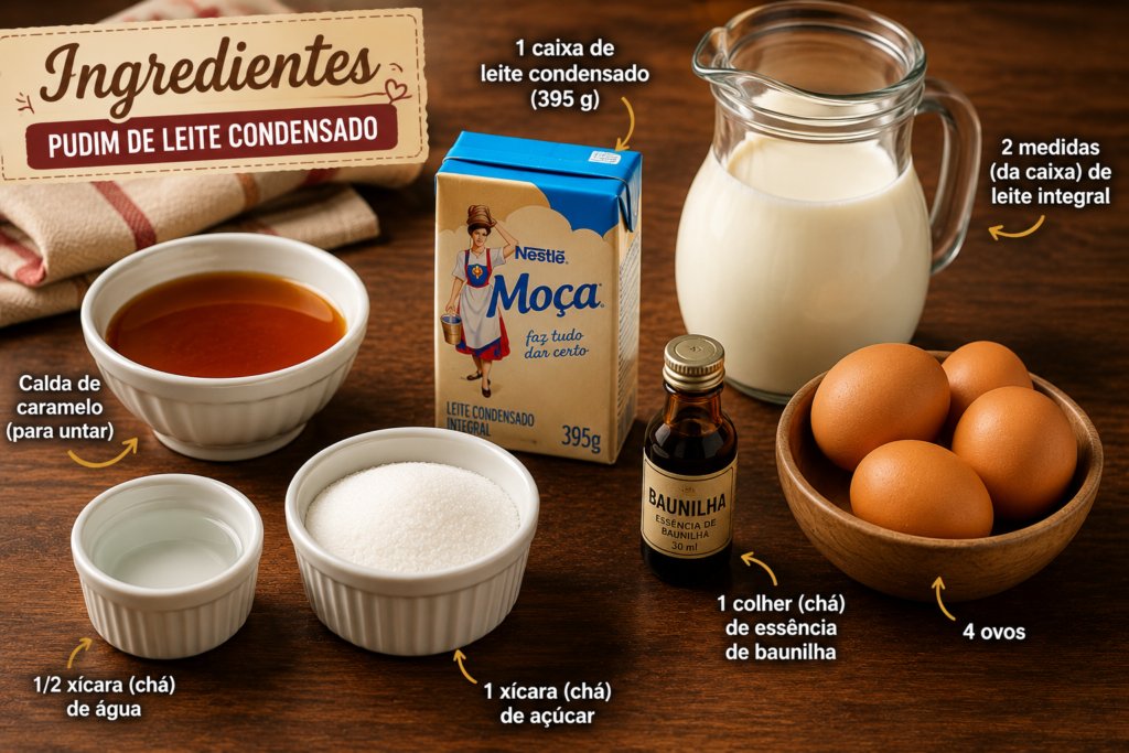 Ingredientes para fazer pudim de leite condensado com ovos, leite, açúcar e leite condensado