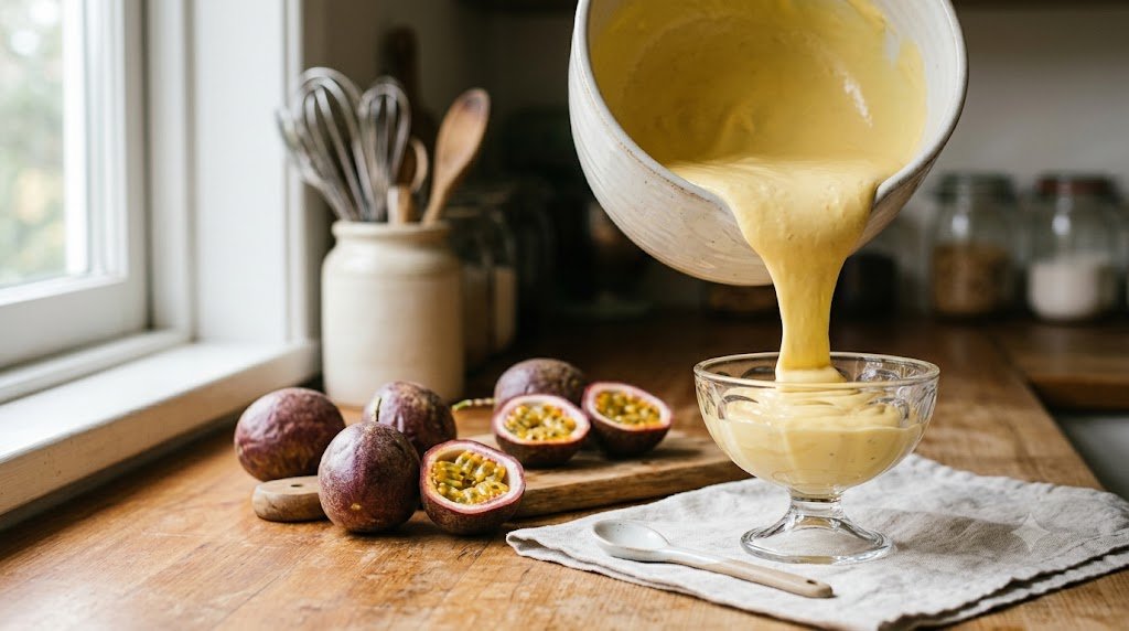 Mistura cremosa de mousse de maracujá sendo transferida para a travessa