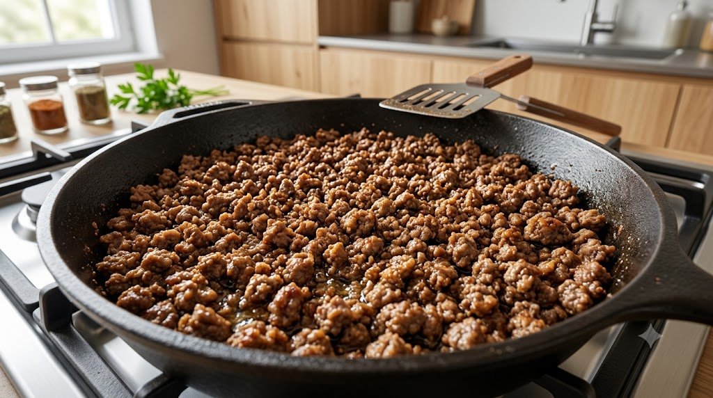 Carne moída dourando com cebola em frigideira para preparar quesadilla de hambúrguer.