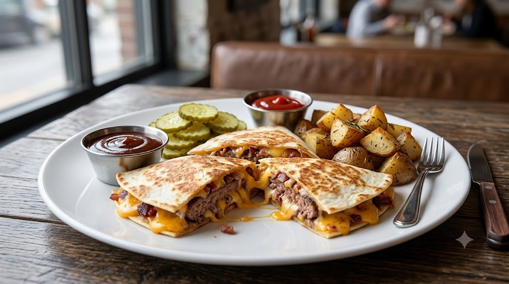 Quesadilla de hambúrguer servida com molho barbecue, ketchup, picles e batatas rústicas.