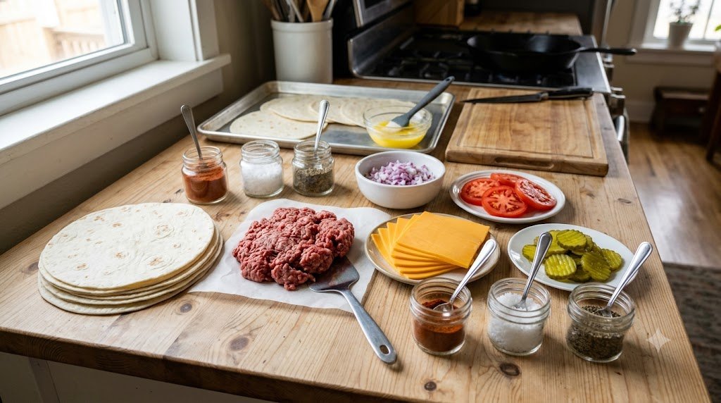 Ingredientes organizados para preparar quesadilla de hambúrguer com tortillas, carne moída, queijo cheddar, cebola, tomate, picles e temperos.