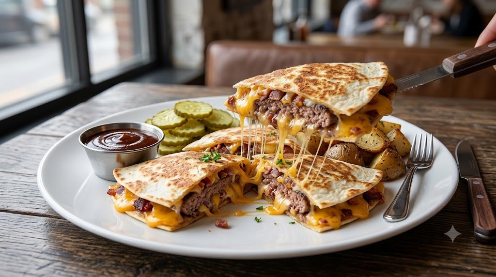 Quesadilla de hambúrguer aberta ao meio mostrando carne suculenta e queijo derretido.