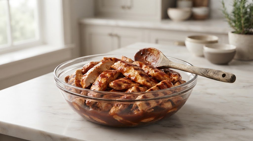 Montagem de salada de frango com molho barbecue