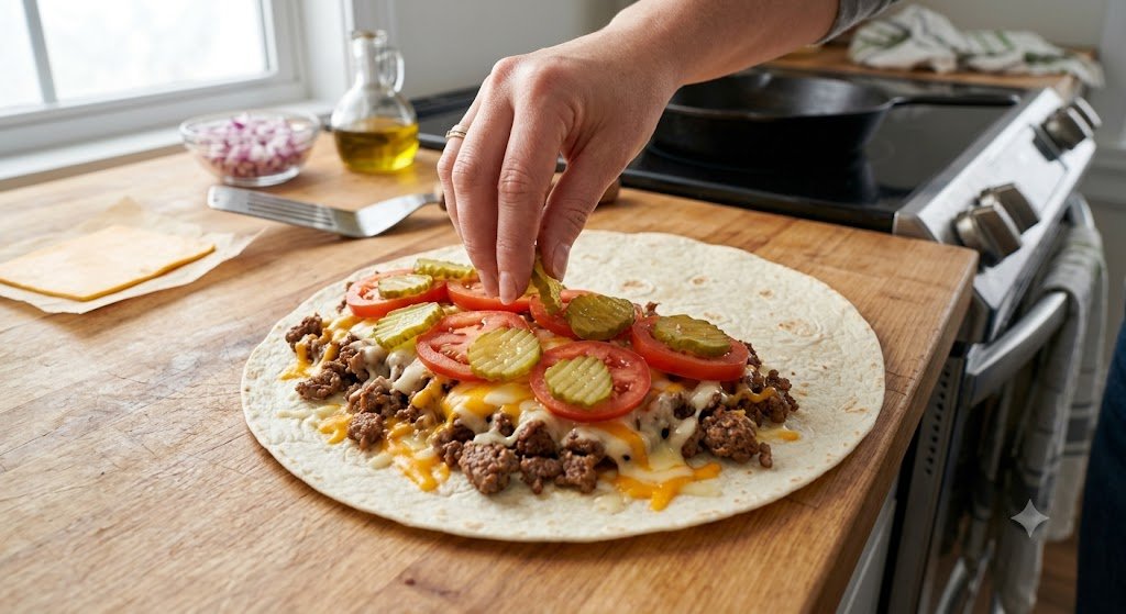 Montagem da quesadilla de hambúrguer com carne moída, queijo cheddar, tomate e picles sobre tortilla.
