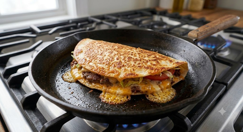 Quesadilla de hambúrguer dourando na frigideira com queijo derretendo pelas laterais.