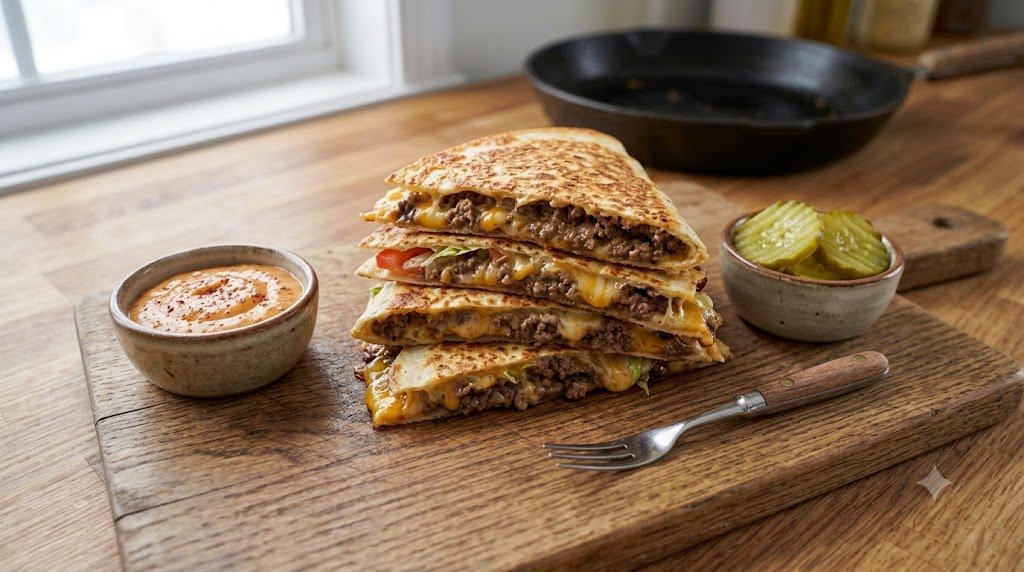 Quesadilla de hambúrguer cortada em triângulos com carne suculenta e queijo derretido.