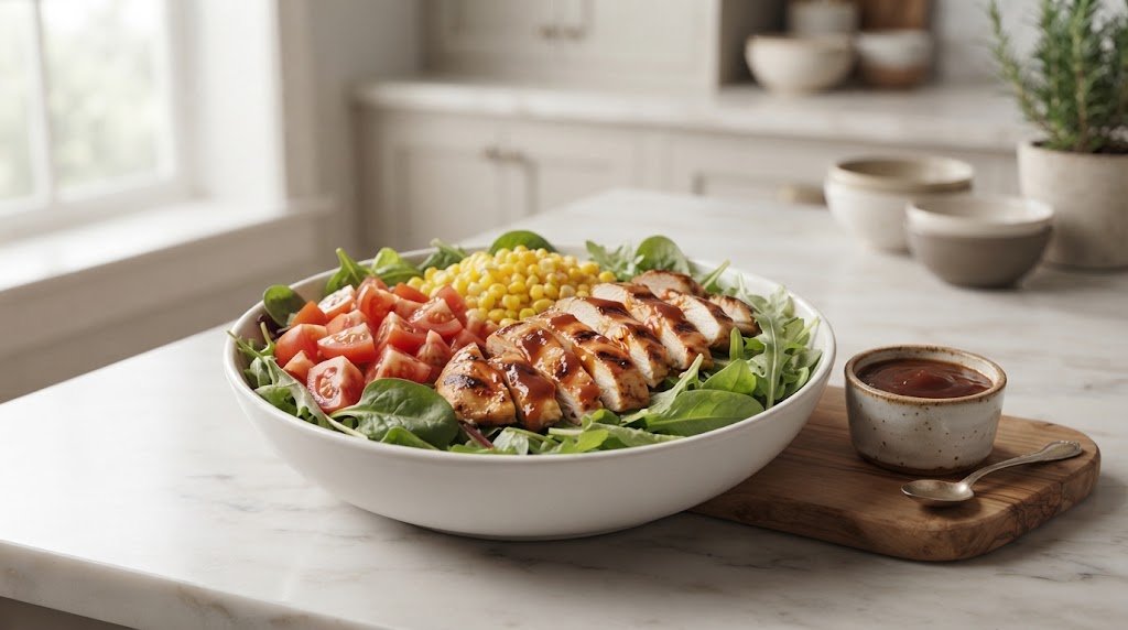 Salada de frango com molho barbecue pronta para servir