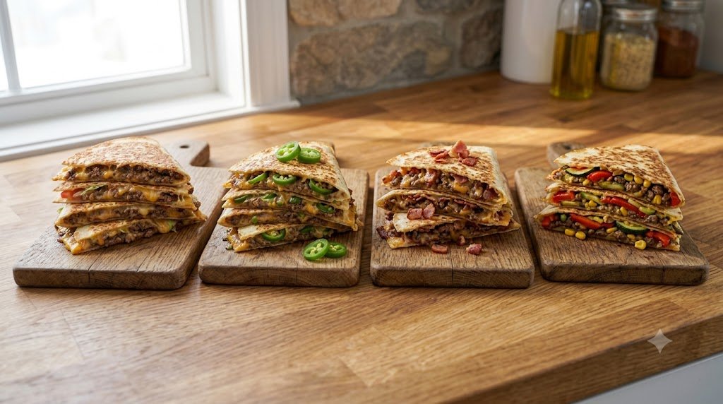 Diferentes versões de quesadilla de hambúrguer com cheddar, bacon, jalapeños e legumes.