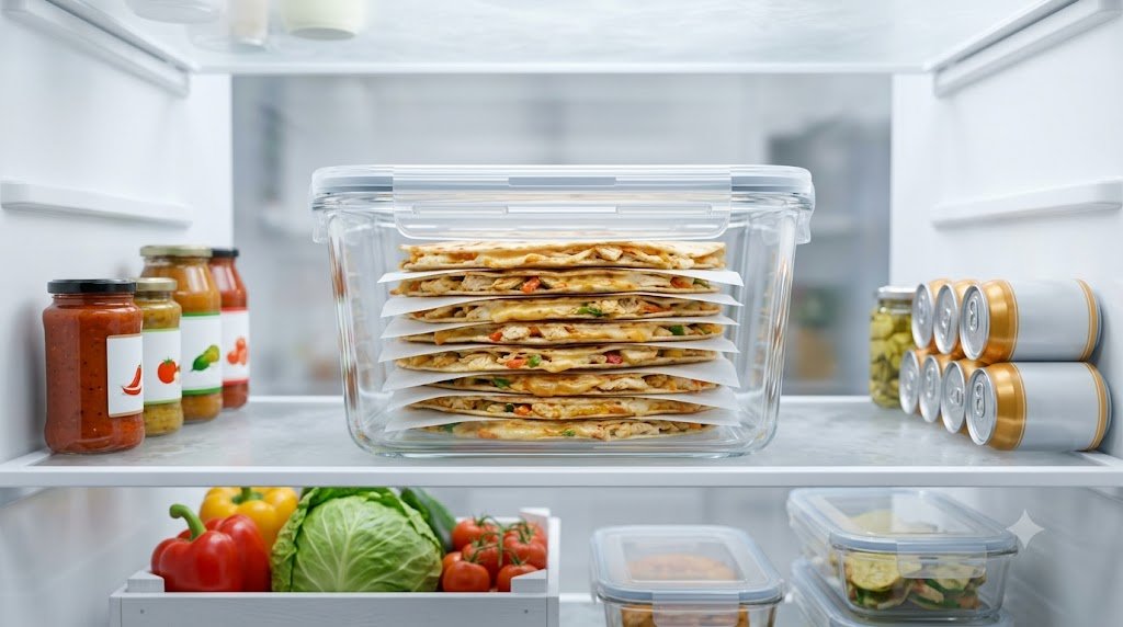 Quesadilla de hambúrguer armazenada em recipiente hermético dentro da geladeira.