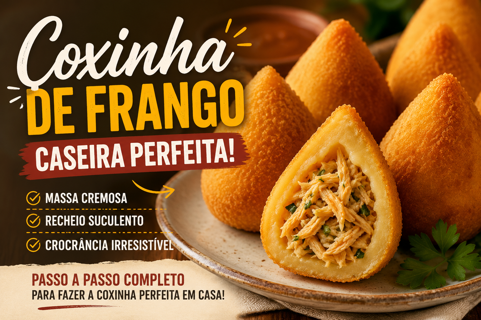 Coxinha de frango caseira com massa cremosa e recheio suculento