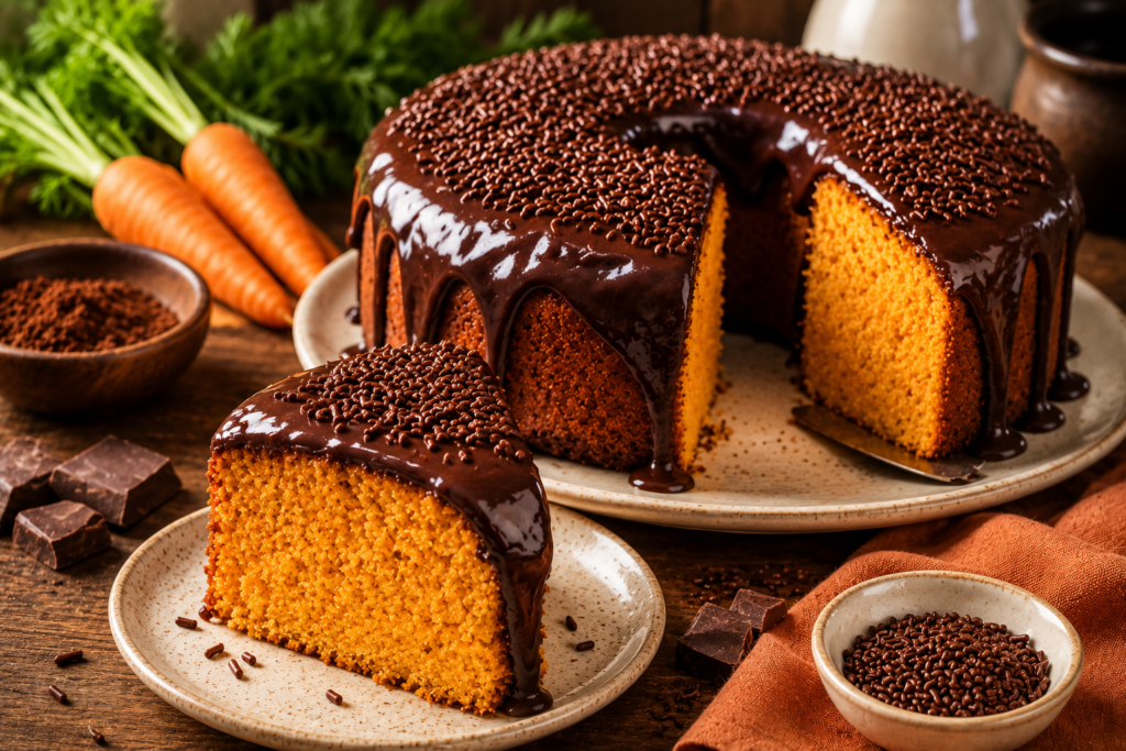 Bolo de cenoura fofinho com cobertura de chocolate cremosa e brilhante
