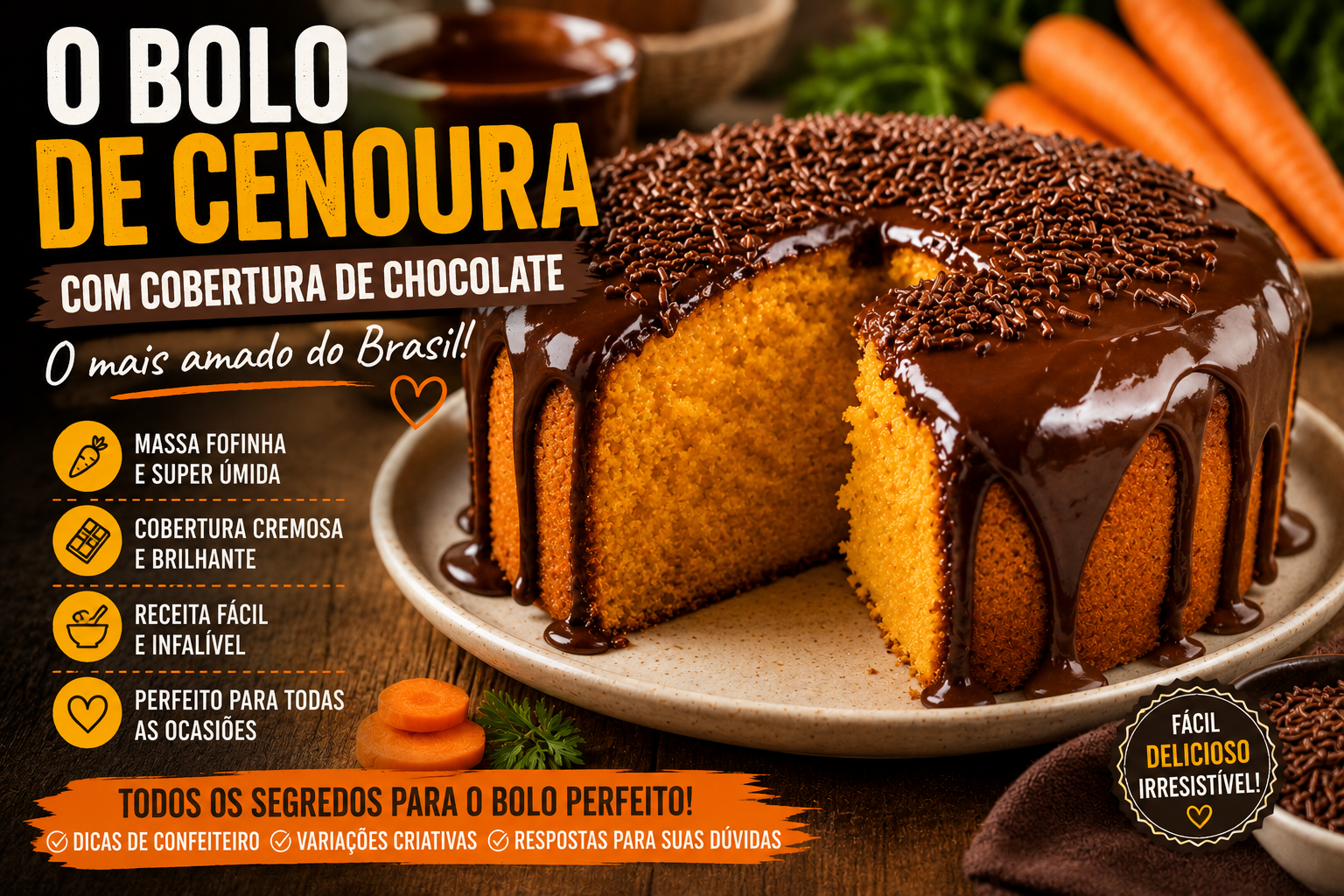 Bolo de cenoura fofinho com cobertura cremosa de chocolate