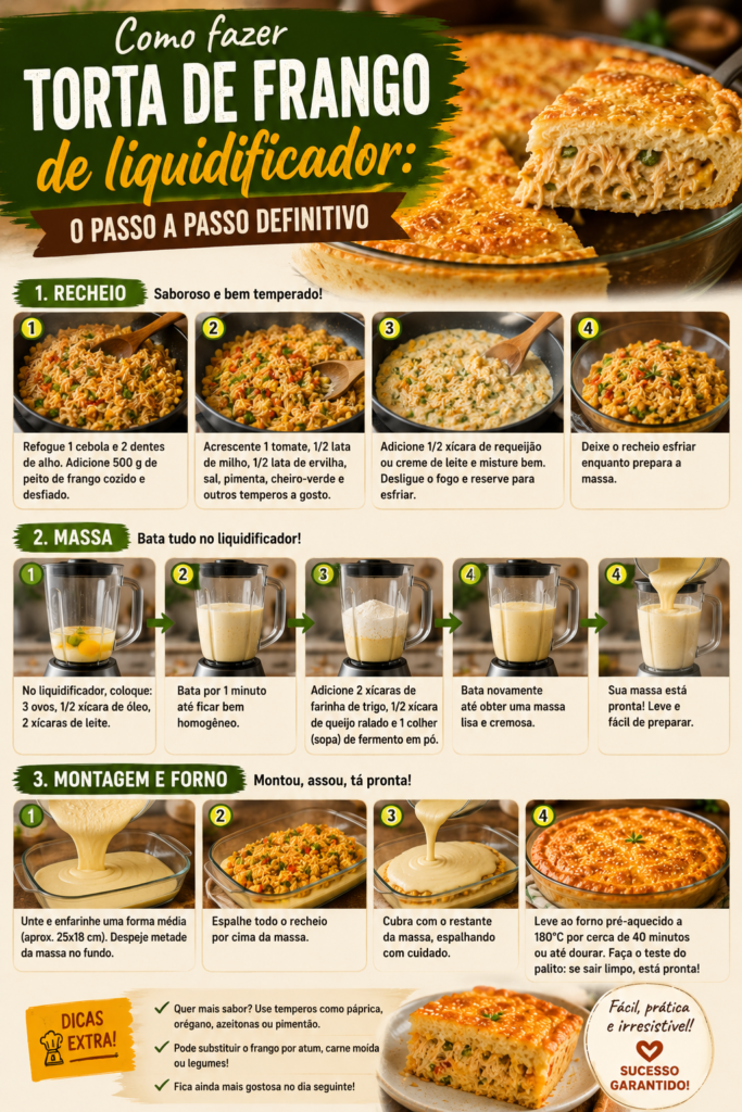 Passo a passo para fazer torta de frango de liquidificador com recheio cremoso
