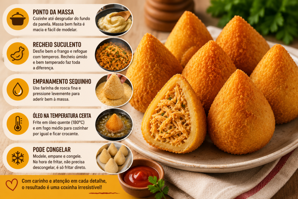 Coxinhas de frango caseiras com dicas de preparo da massa, recheio, empanamento e fritura