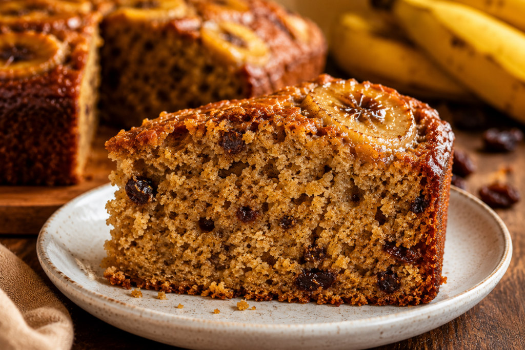 Fatia de bolo de banana fit úmido com aveia, passas e banana por cima