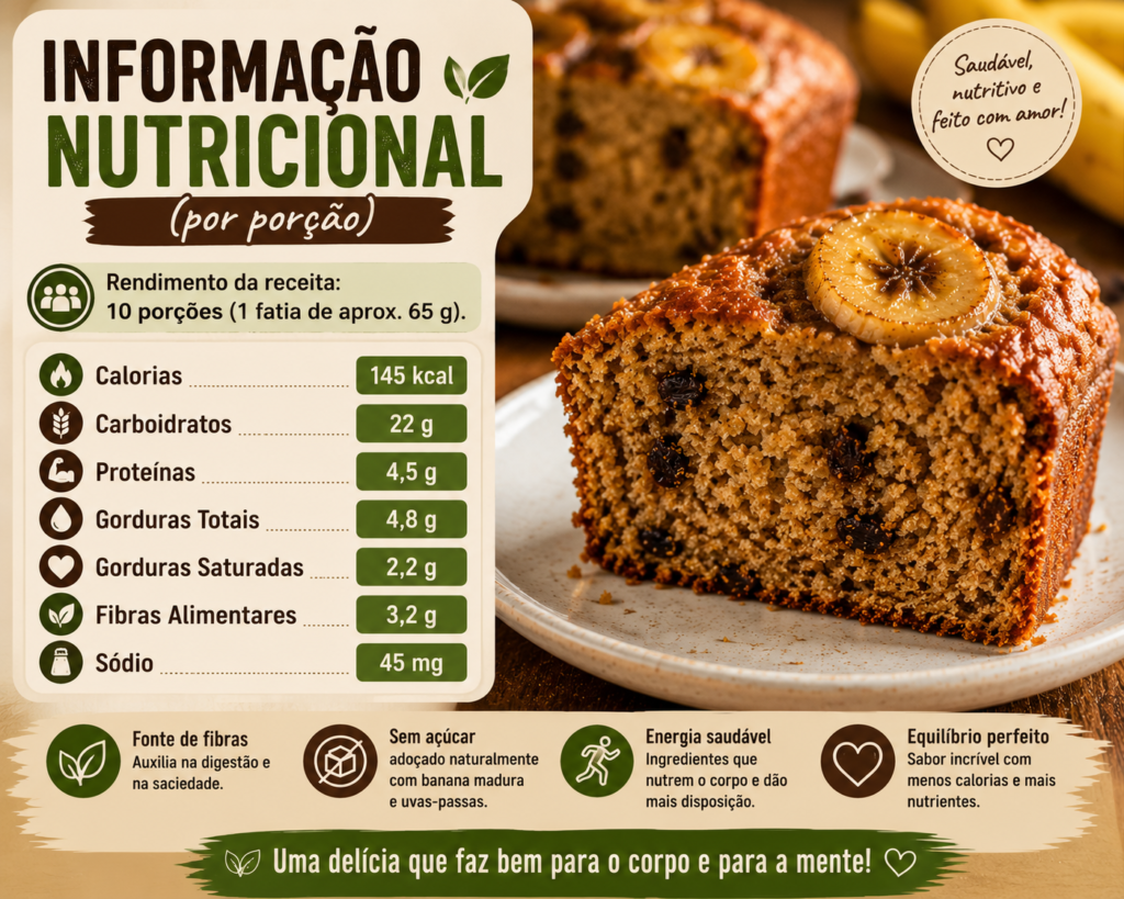 Informação nutricional do bolo de banana fit sem açúcar por porção