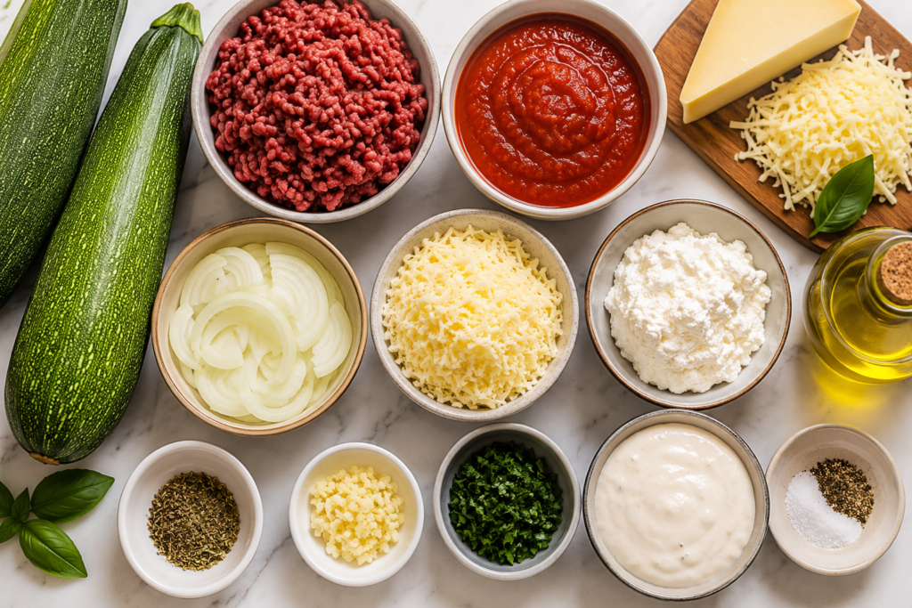 Ingredientes para lasanha de abobrinha gratinada com carne, molho e queijos