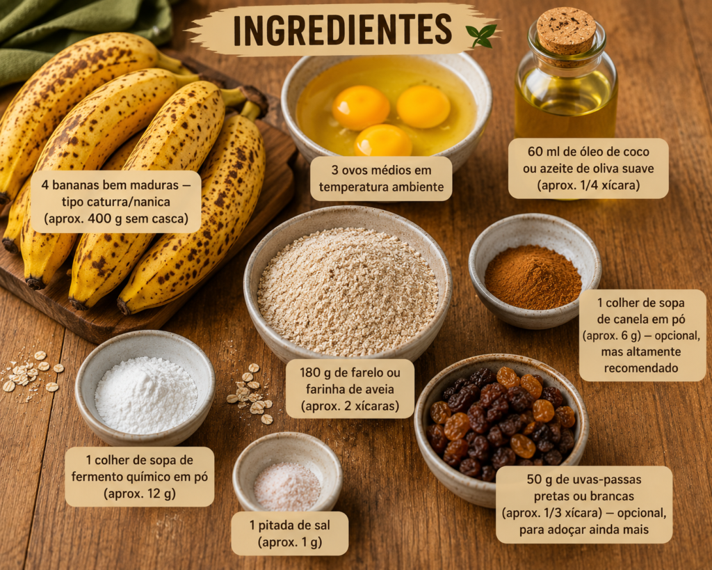 Ingredientes para bolo de banana fit sem açúcar com aveia, ovos e bananas maduras