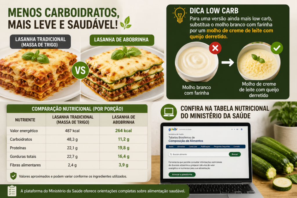 Comparação entre lasanha tradicional e lasanha de abobrinha com menos carboidratos
