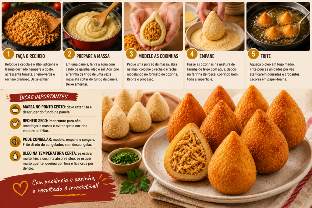 Modo de preparo da coxinha de frango caseira com recheio, massa, modelagem, empanamento e fritura