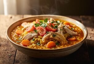 Arroz caldoso com frango desfiado