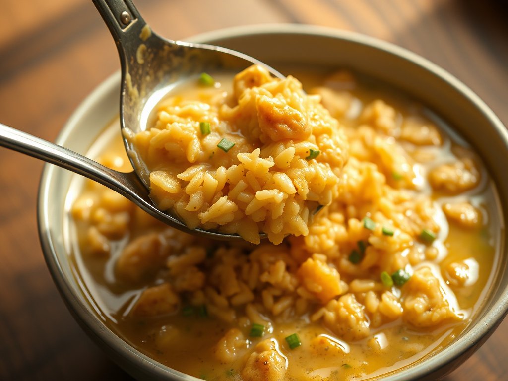 Arroz caldoso com frango sendo servido