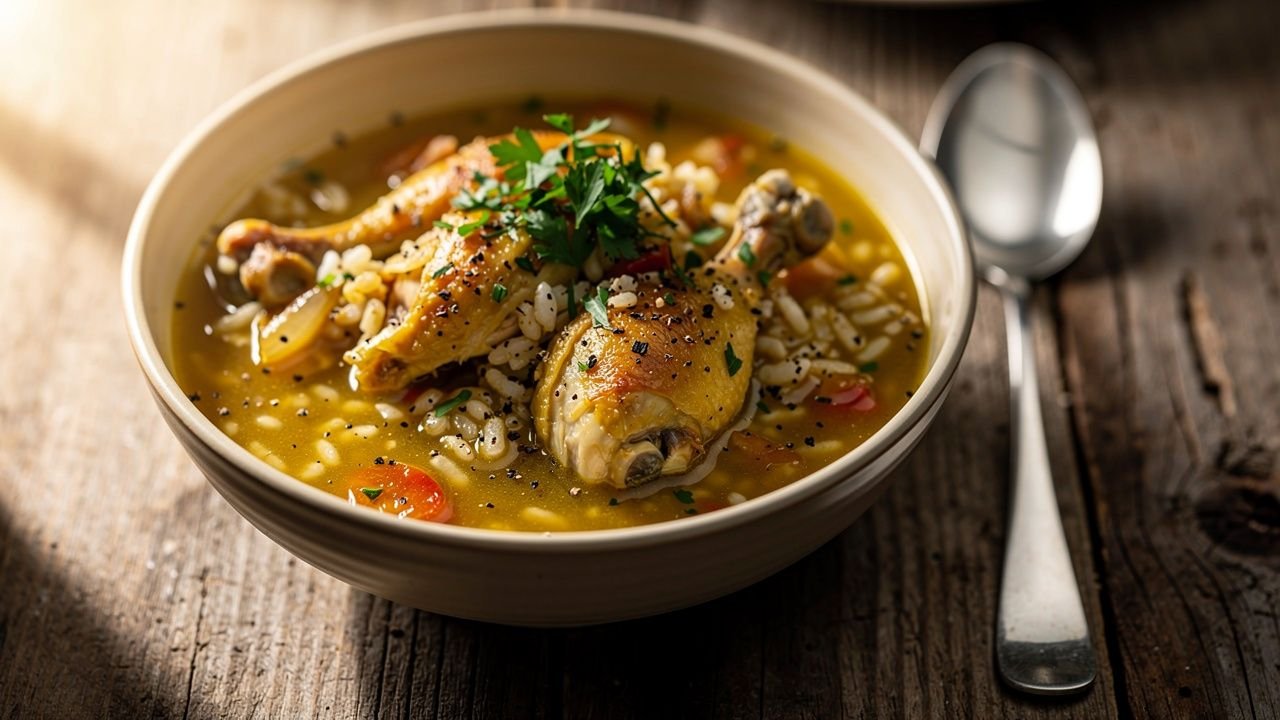 Arroz caldoso de frango servido