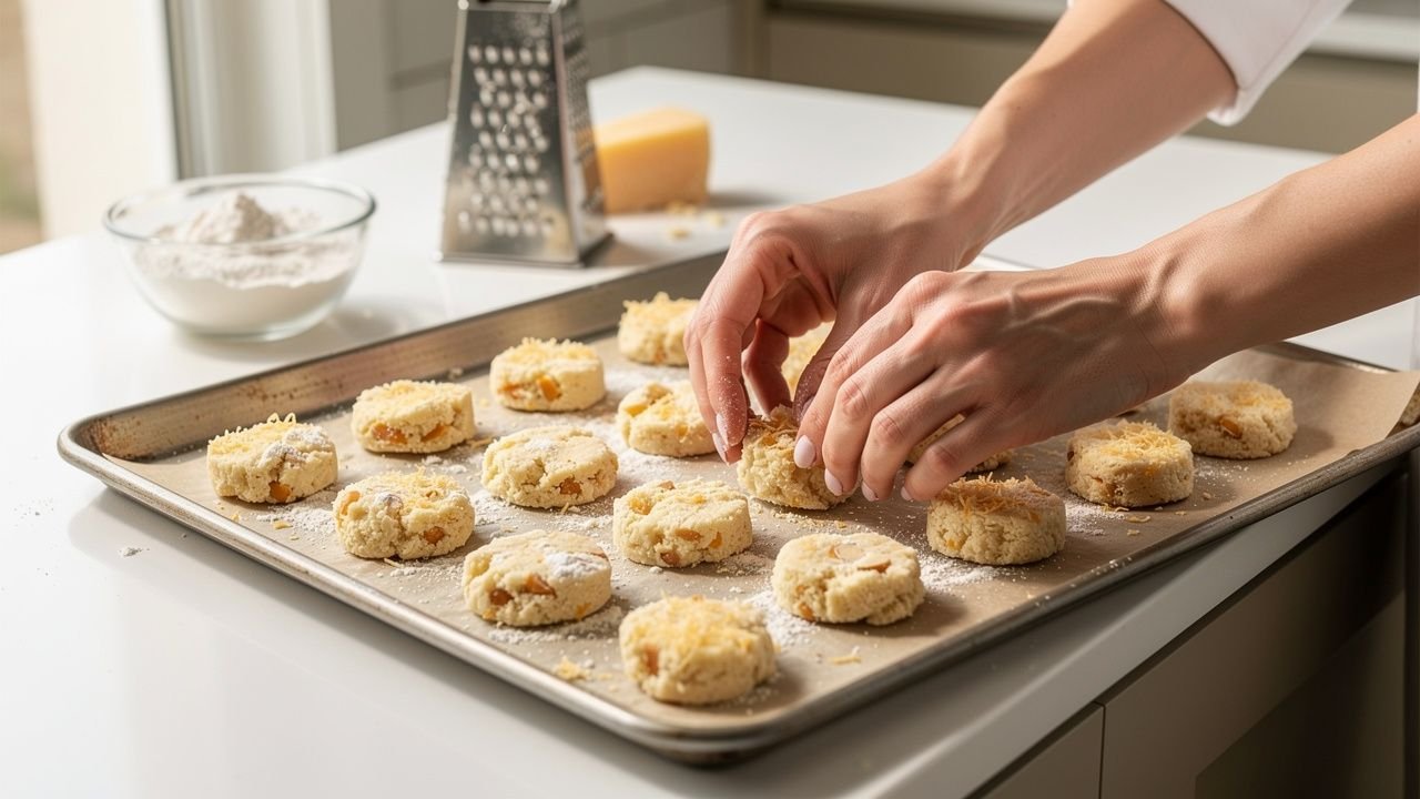 Preparo dos biscoitos de queijo na assadeira