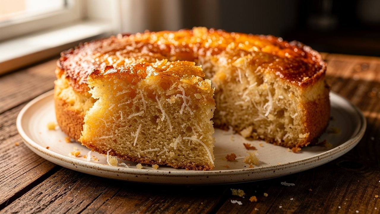 Bolo de aipim com coco dourado e fatia cremosa