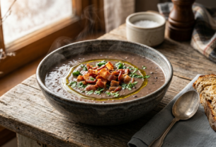 Caldo de feijão preto cremoso servido com bacon e pão torrado