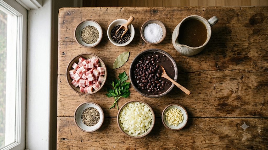 Caldo de feijão preto cremoso servido com bacon, cheiro-verde e pão torrado
