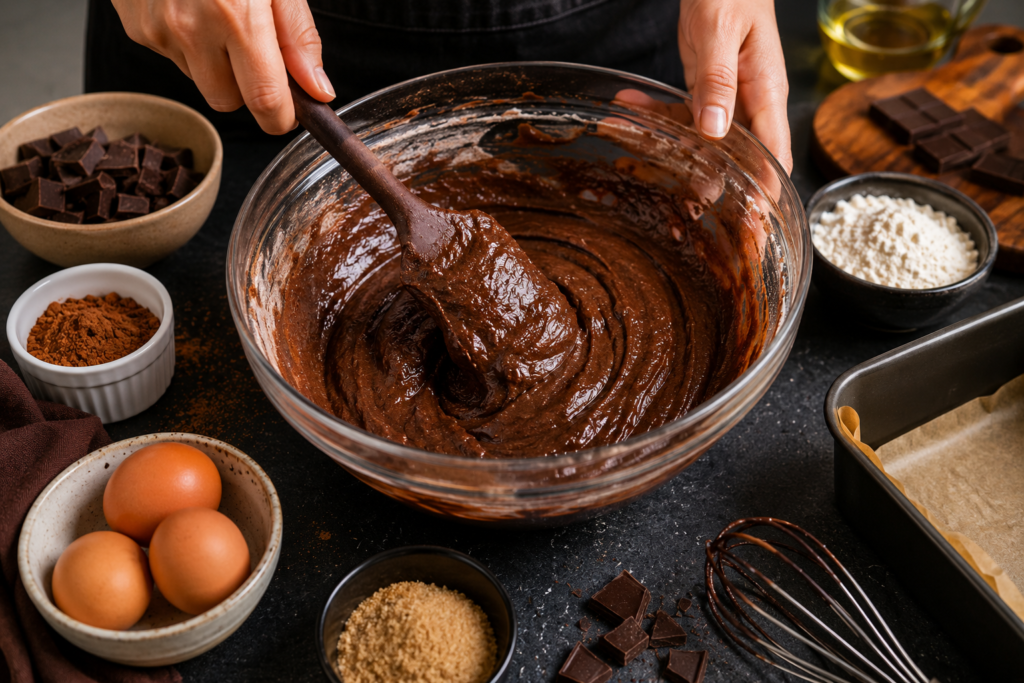 Chocolate derretido sendo preparado em uma tigela com ingredientes para receita