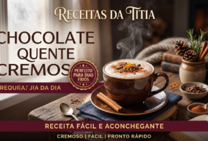 Chocolate quente cremoso servido em caneca com raspas de chocolate e canela