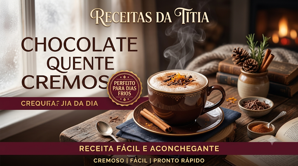 Chocolate quente cremoso servido em caneca com raspas de chocolate e canela