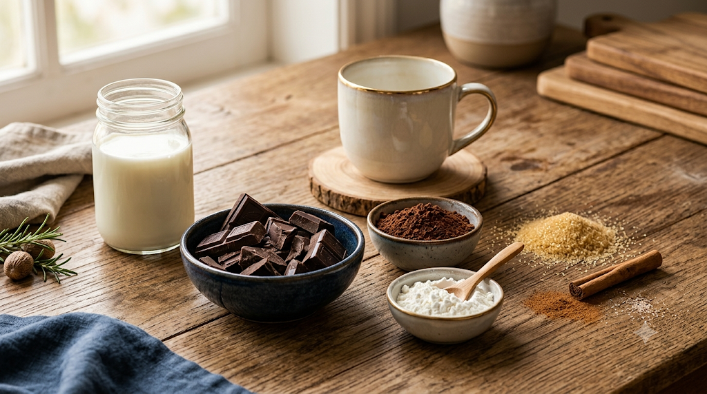 Ingredientes organizados para preparar chocolate quente cremoso