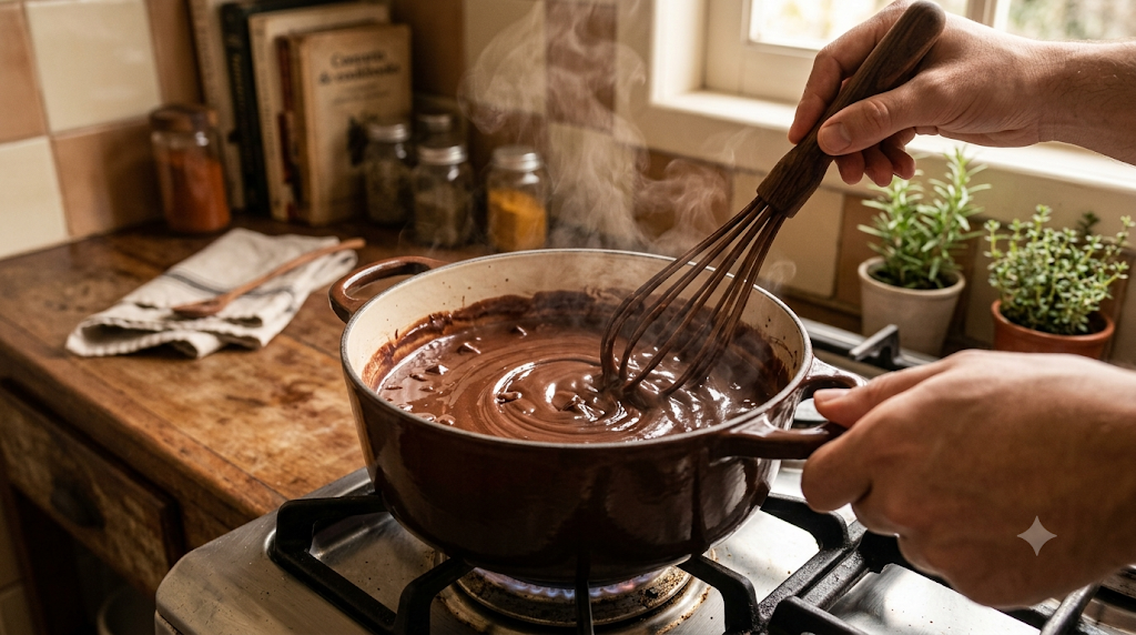 Chocolate quente cremoso sendo preparado na panela