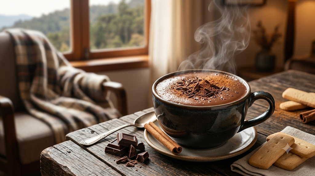 Chocolate quente cremoso pronto para servir com raspas de chocolate e canela