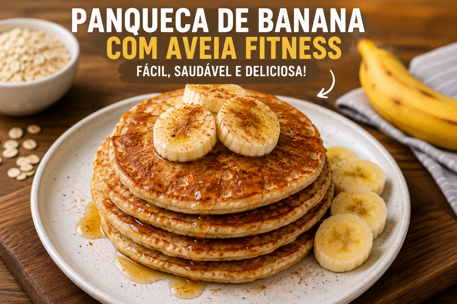 Panqueca de banana com aveia fitness servida com rodelas de banana