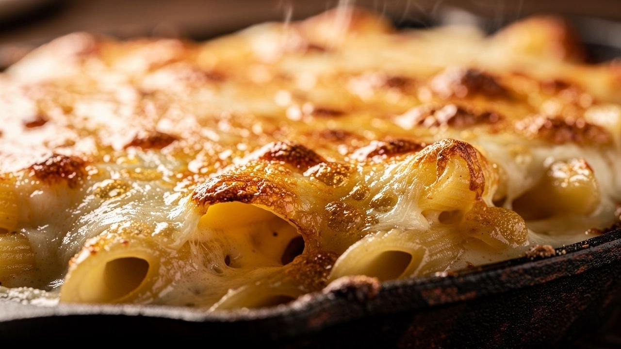 Queijo dourado no macarrão cremoso de forno