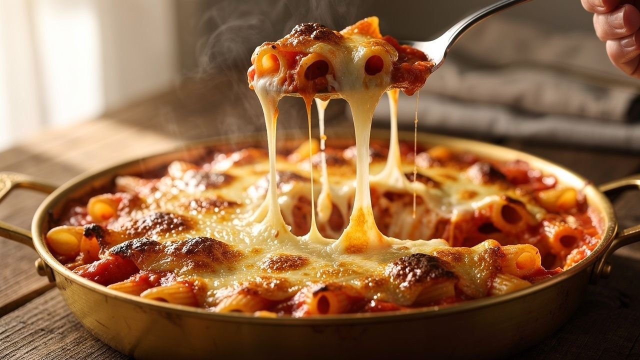 Porção de macarrão de forno cremoso sendo servida