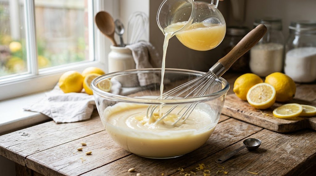 Suco de limão misturado ao leite condensado em tigela de vidro para o recheio da torta.