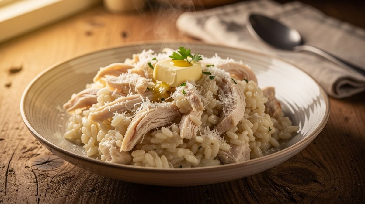 Risoto de frango cremoso com parmesão e salsinha servido em prato de cerâmica