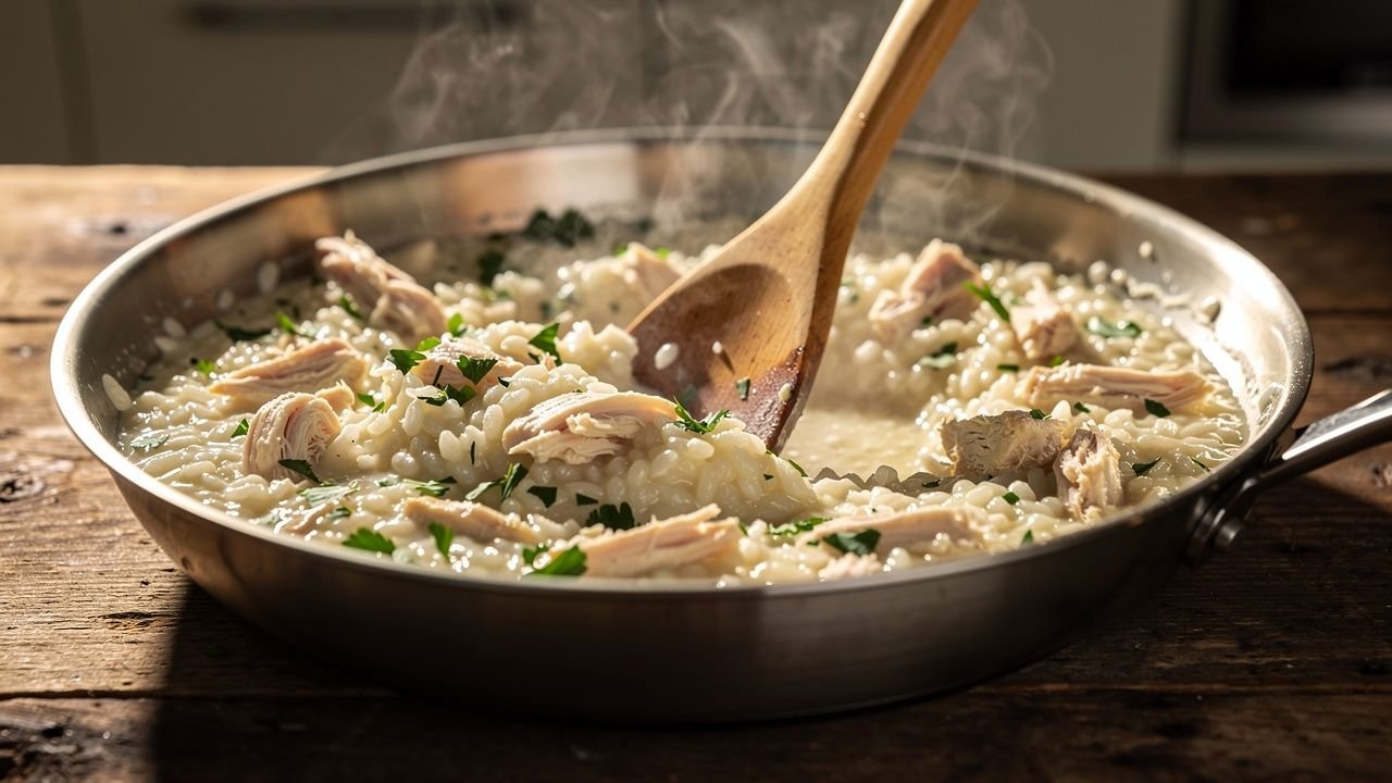 Risoto de frango cremoso durante o preparo