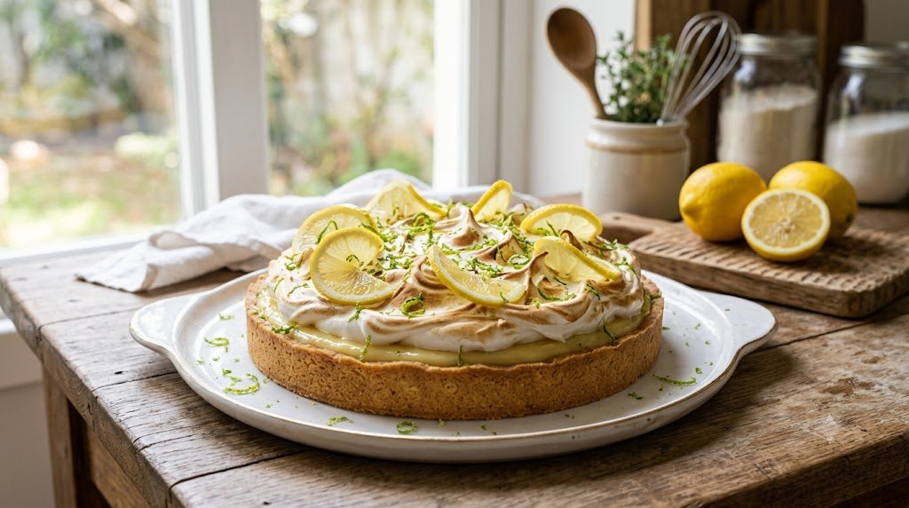 Torta de limão fácil e rápida inteira decorada com raspas e fatias de limão.