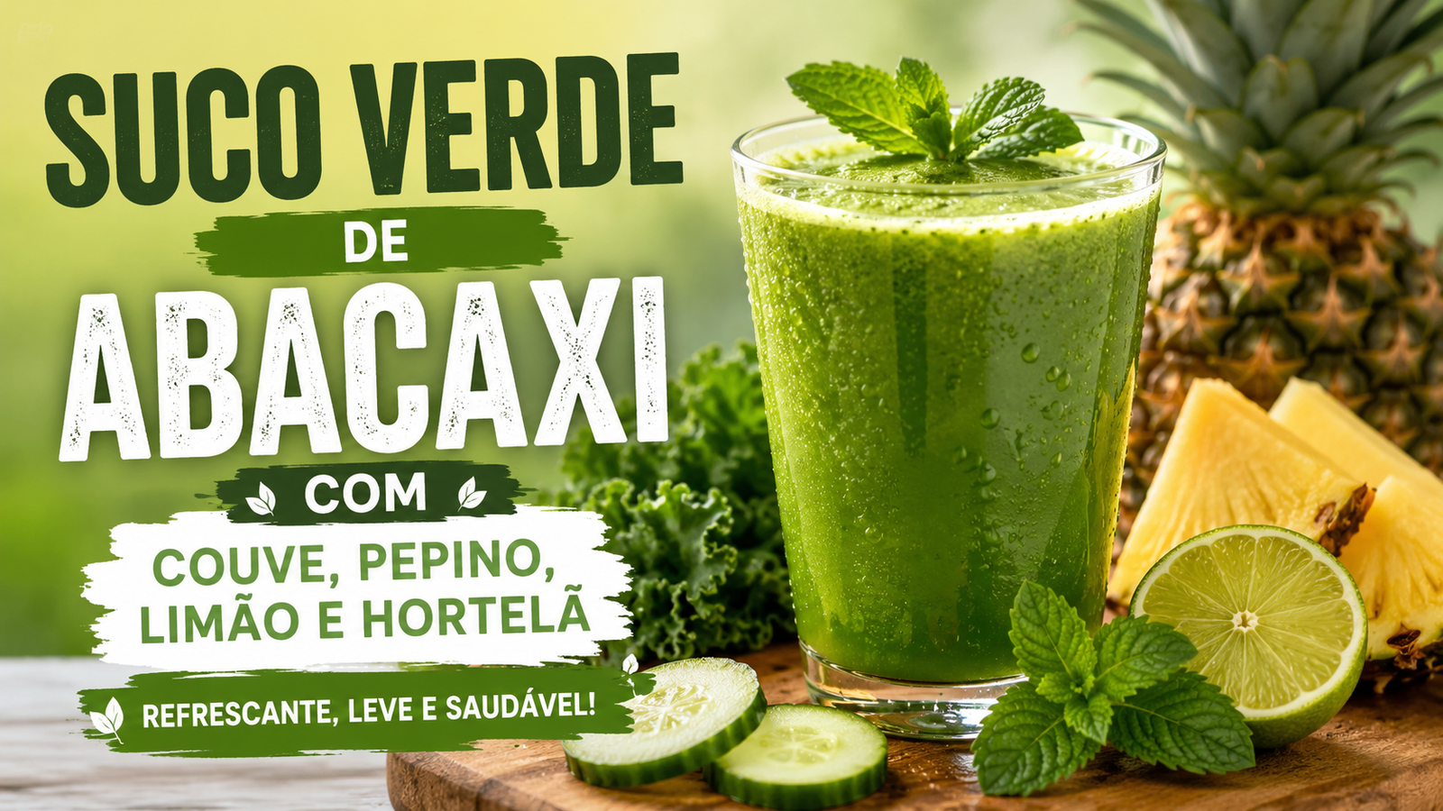 Suco verde de abacaxi com couve, pepino, limão e hortelã servido em copo de vidro com ingredientes frescos ao redor.