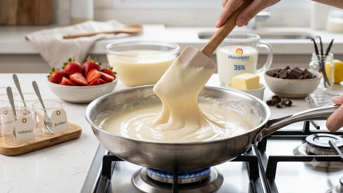 Brigadeiro branco sendo preparado para bombom de morango no pote