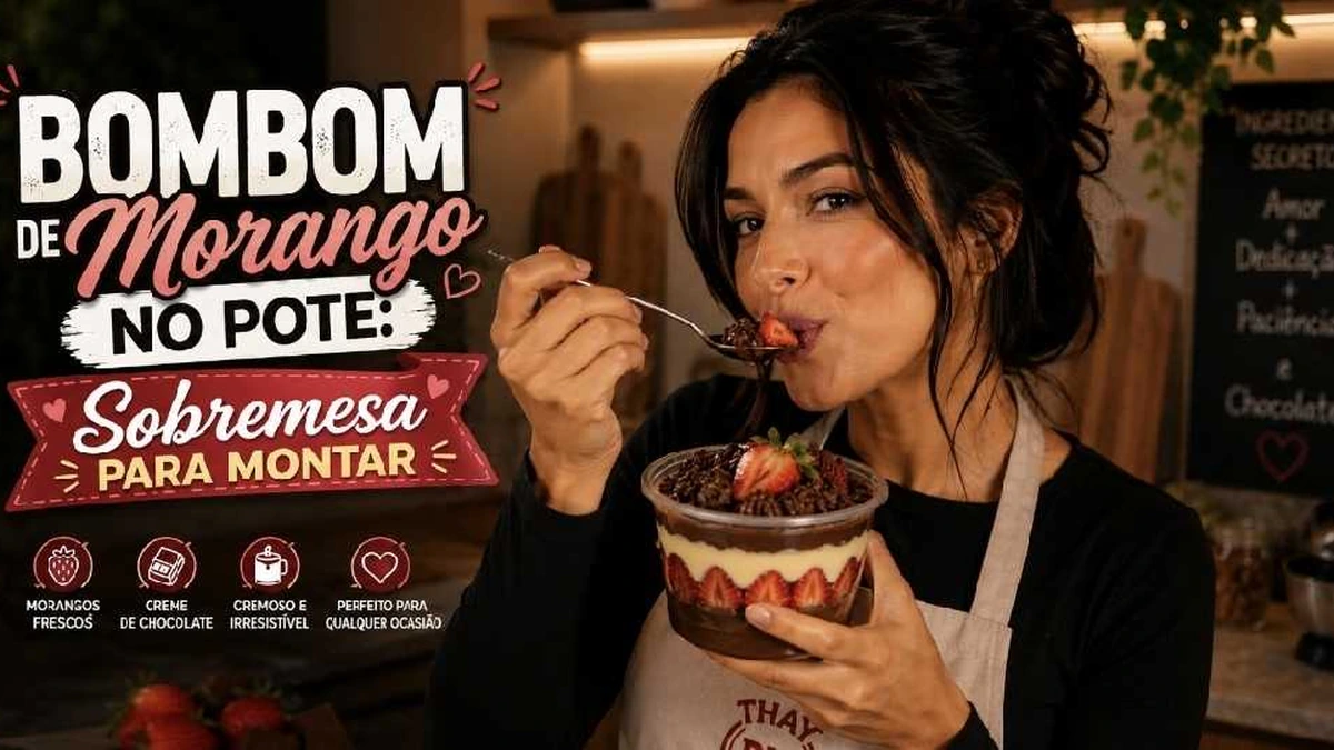 Bombom de morango no pote com creme e chocolate