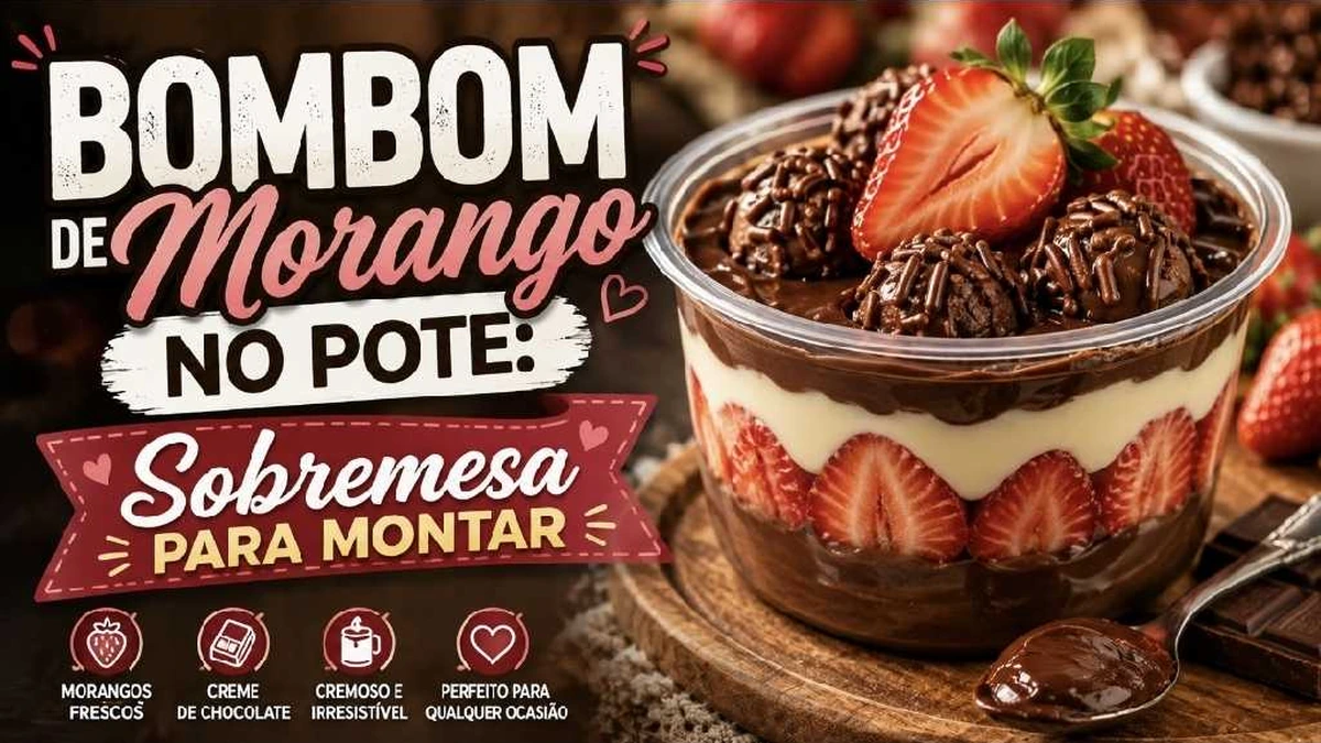 Bombom de morango no pote com creme branco, morangos e chocolate